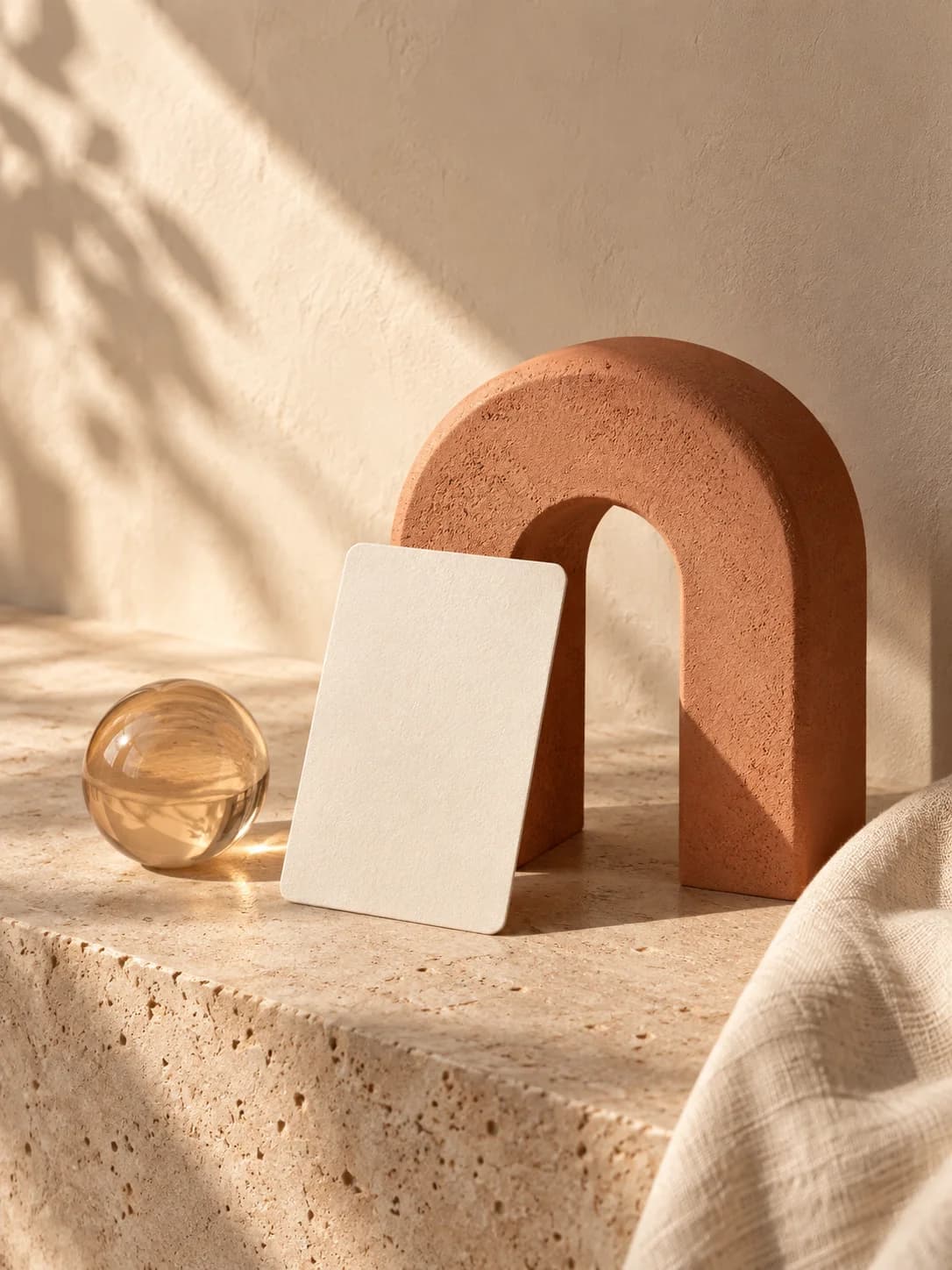 An ivory card and terracotta arch in warm sunlight